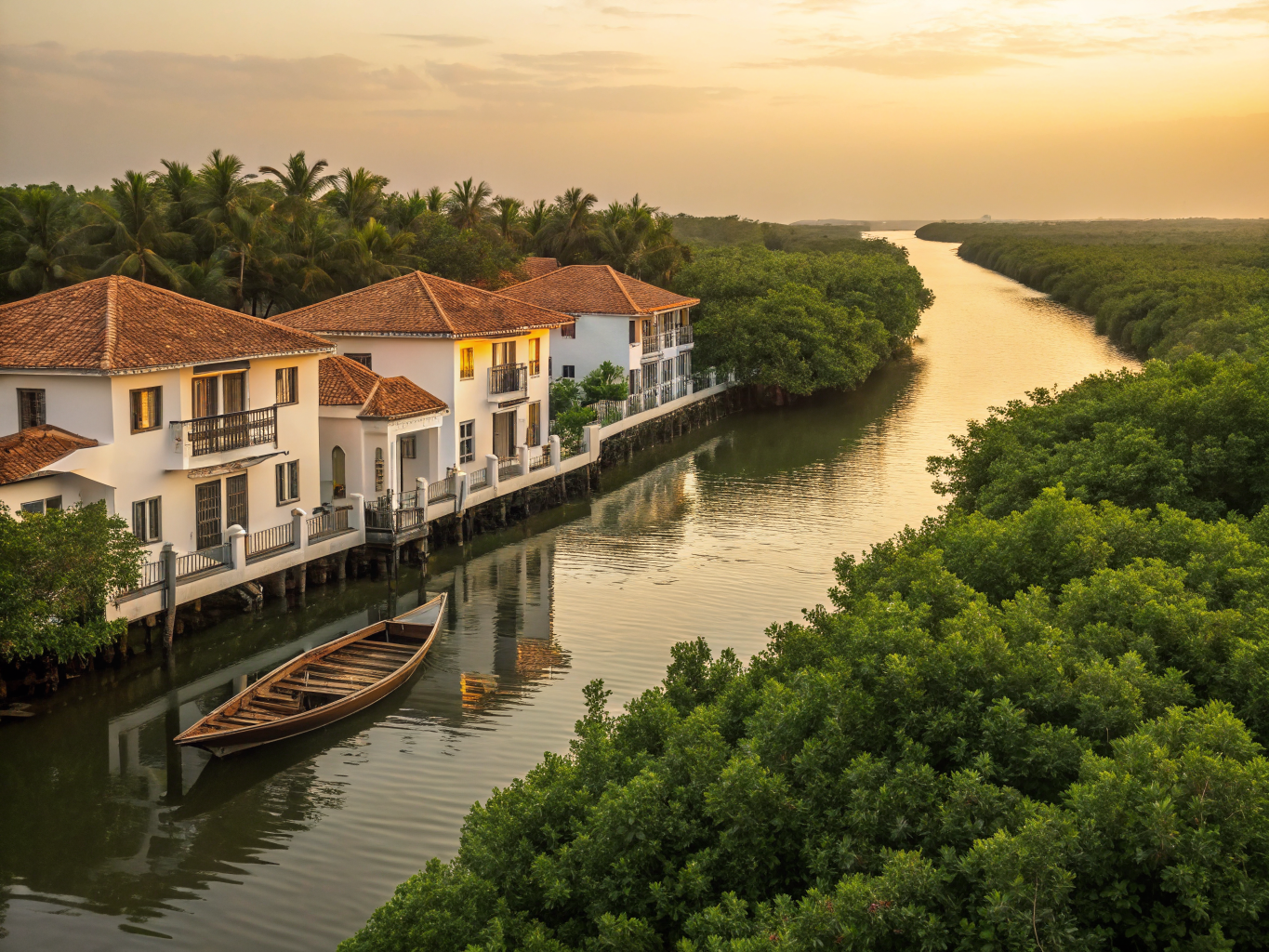 Wooden boat navigating serene mangrove water channels near Funzi Island