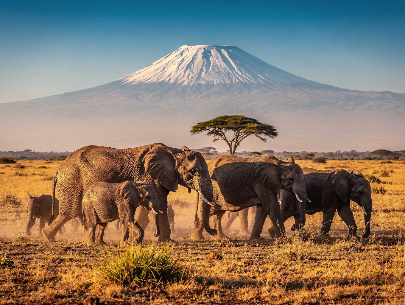 Elephant herd wandering the savannah with Mount Kilimanjaro in the backdrop