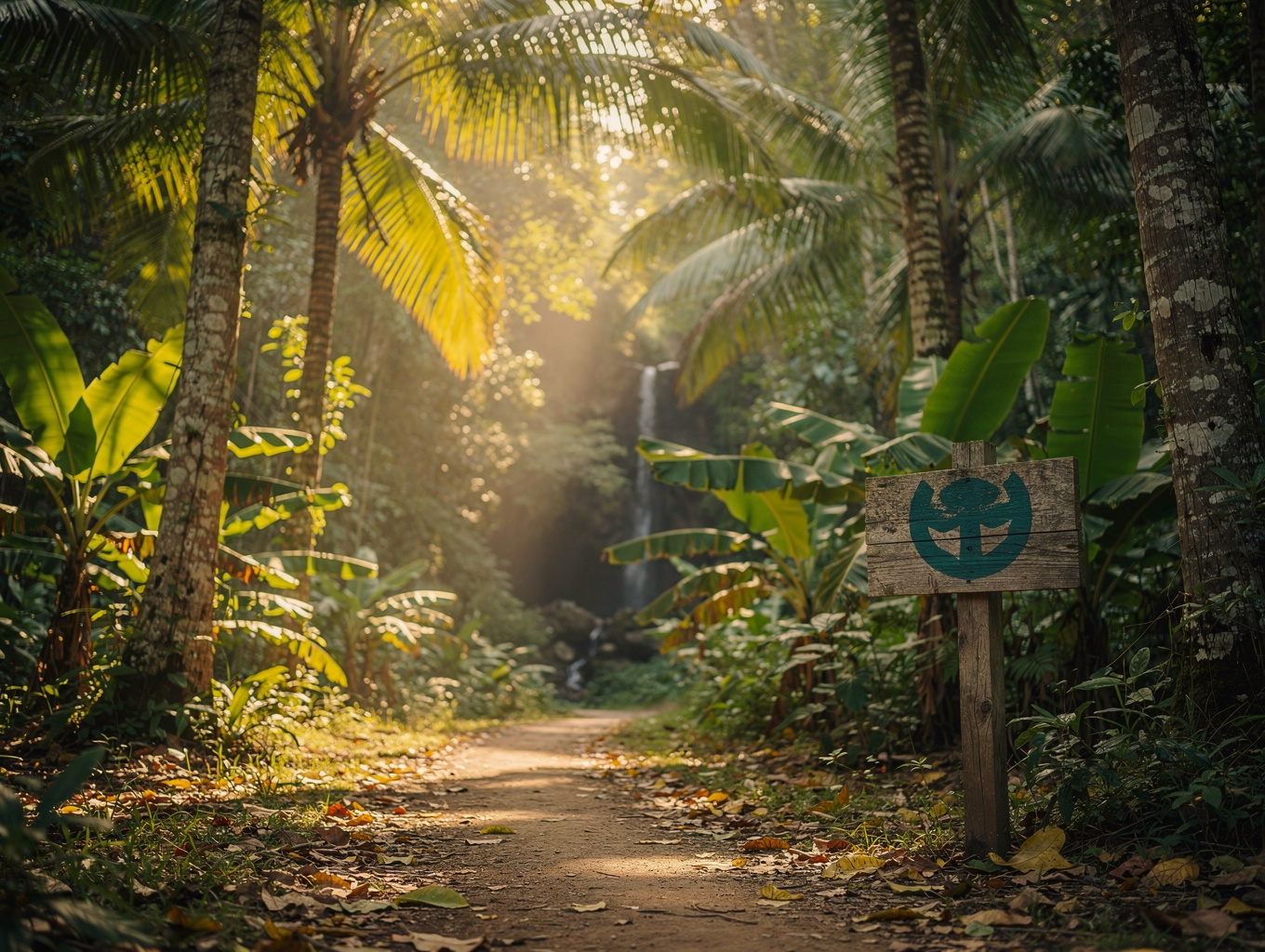 Sunlit trail winding through coastal palm groves and indigenous trees